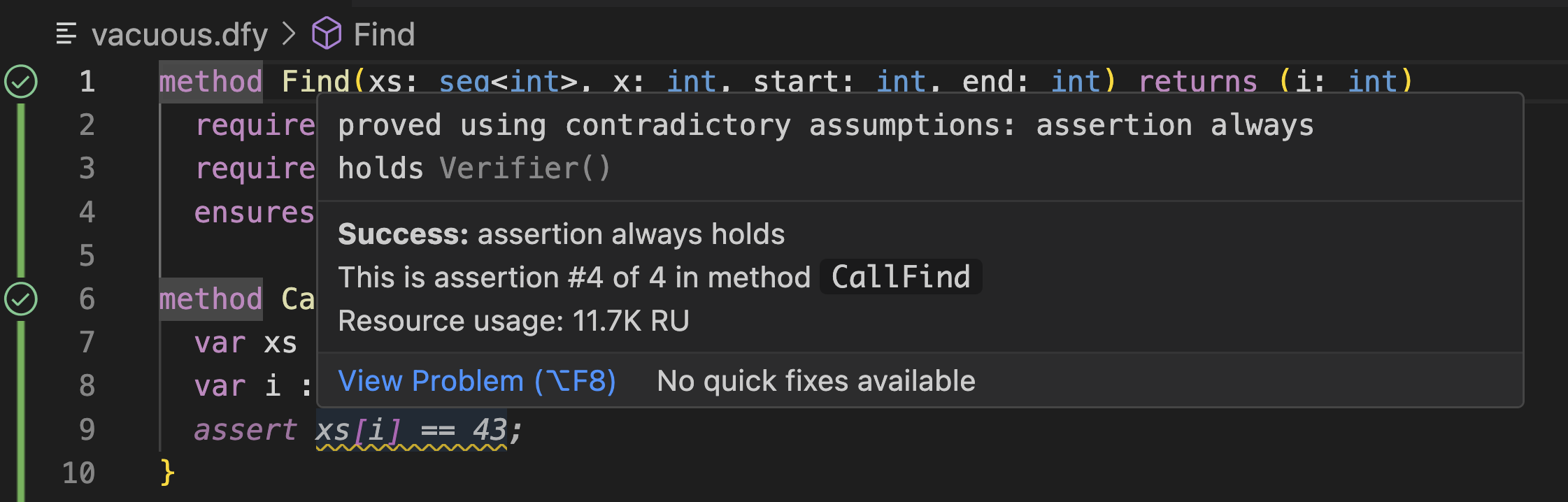Visual Studio Code warnings  on an example of a vacuous proof